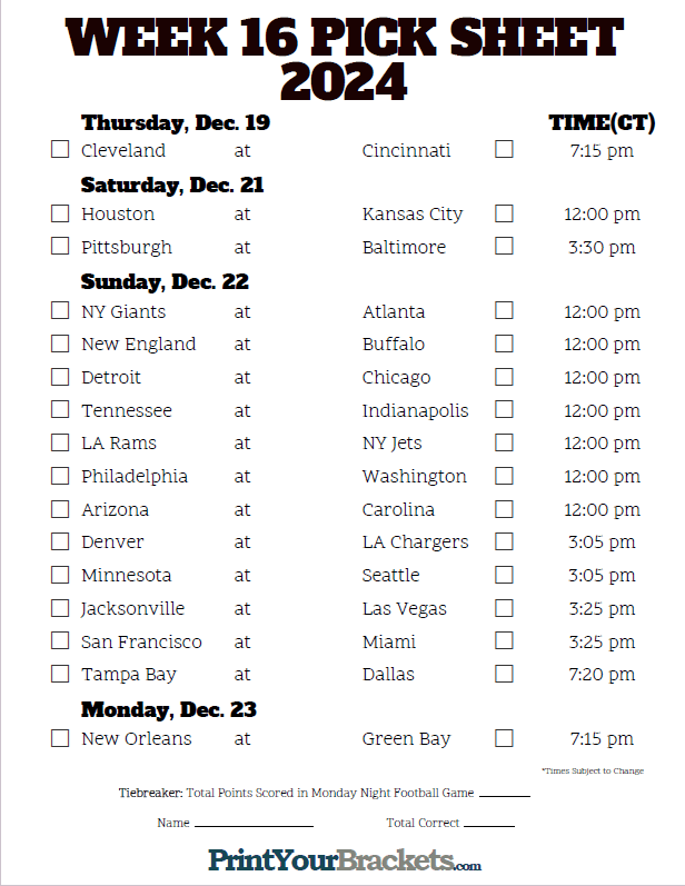 Central Time Week 16 NFL Schedule 2024 Printable