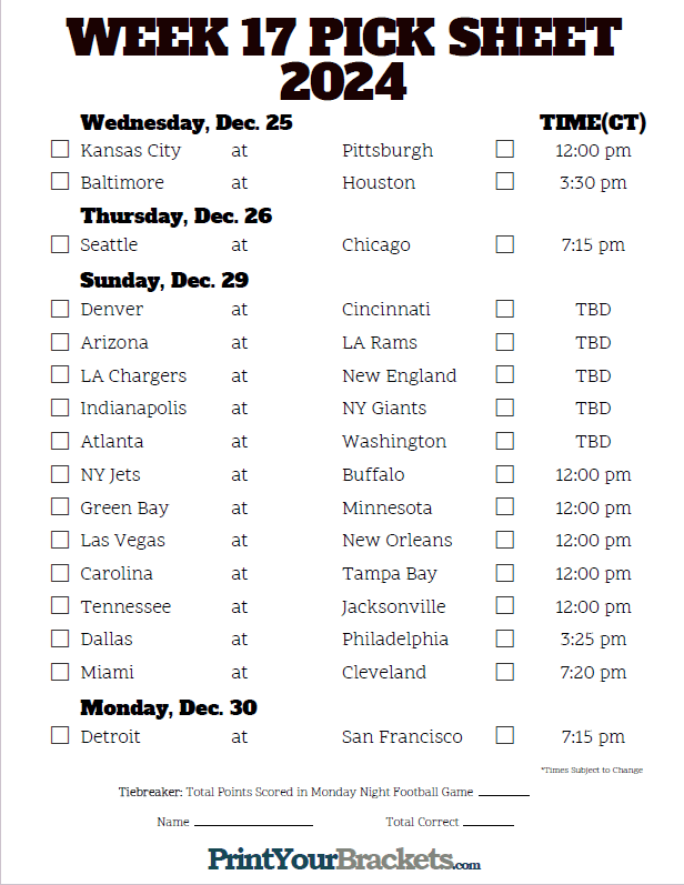 Central Time Week 17 NFL Schedule 2024 Printable