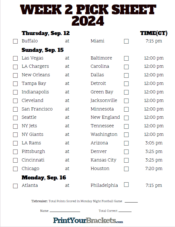 Central Time Week 2 NFL Schedule 2017 - Printable