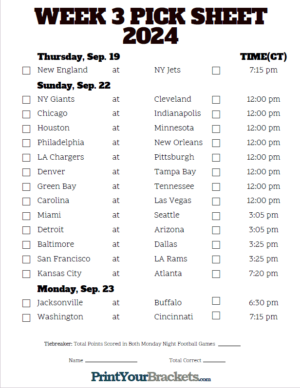 Central Time Week 3 NFL Schedule 2023 Printable