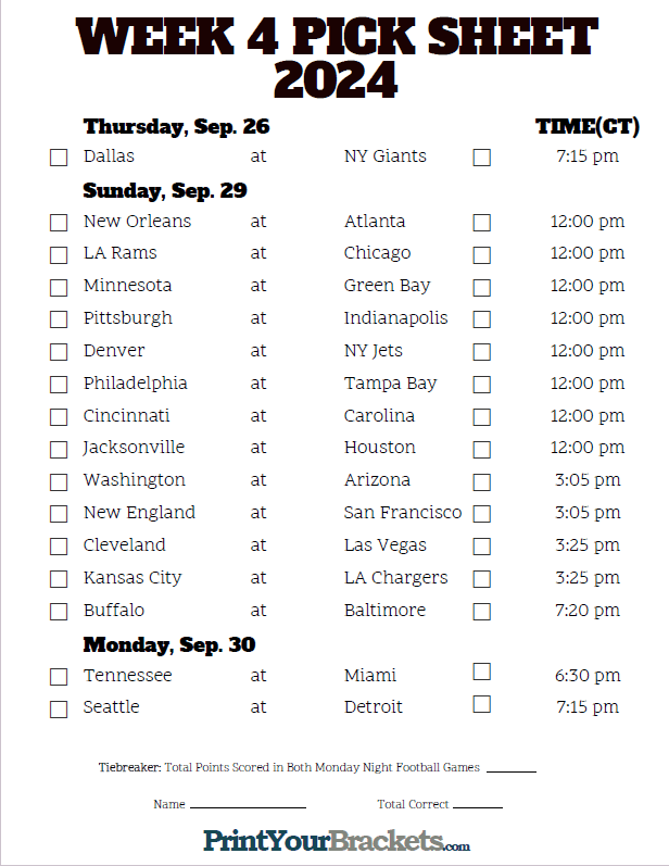 Central Time Week 4 NFL Schedule 2024 Printable