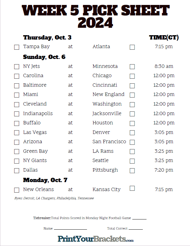 Central Time Week 5 NFL Schedule 2023 - Printable