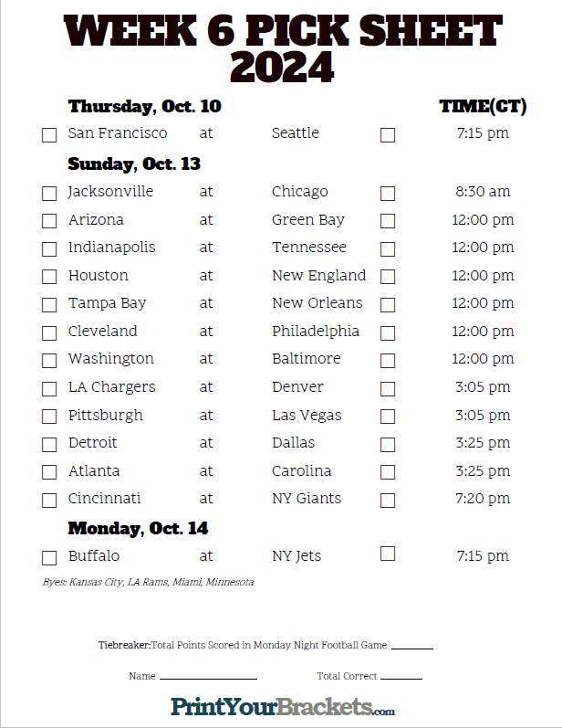 Central Time Week 6 NFL Schedule 2020 - Printable