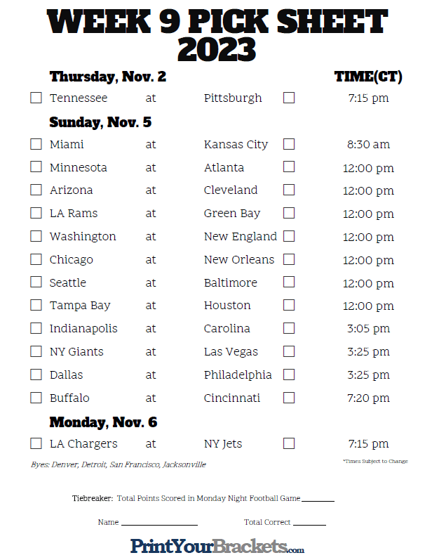 Central Time Week 9 NFL Schedule 2023 - Printable