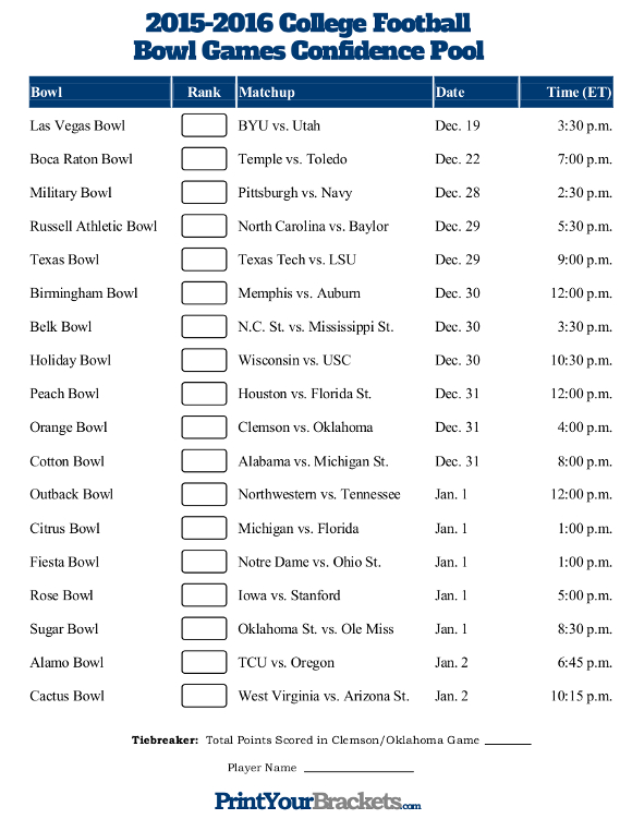 College Football Bowl Games Confidence Pool Sheet Printable
