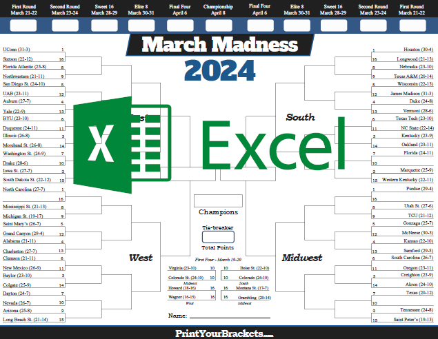 2024 March Madness Bracket Excel Template