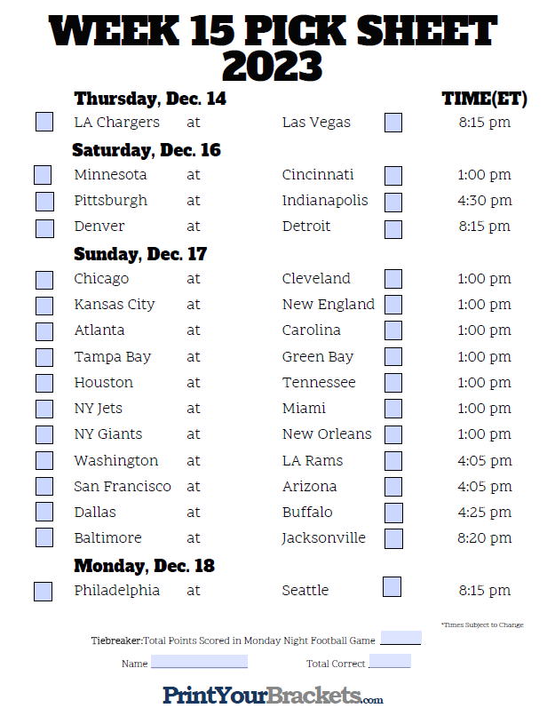 Nfl Week 15 Printable Schedule Customize and Print