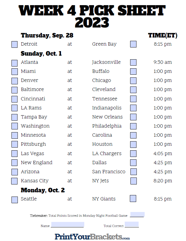 NFL Office Pool 2014: Printable Week 4 Schedule With Betting Lines And  Over/Under
