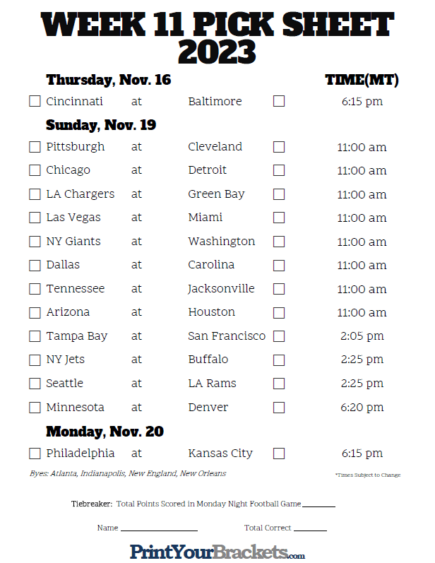 Week 11 NFL Schedule in Mountain Time Zone