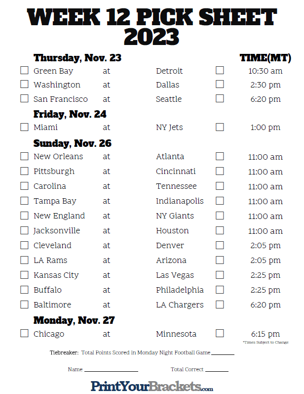 Mountain Time Week 12 NFL Schedule 2023 Printable