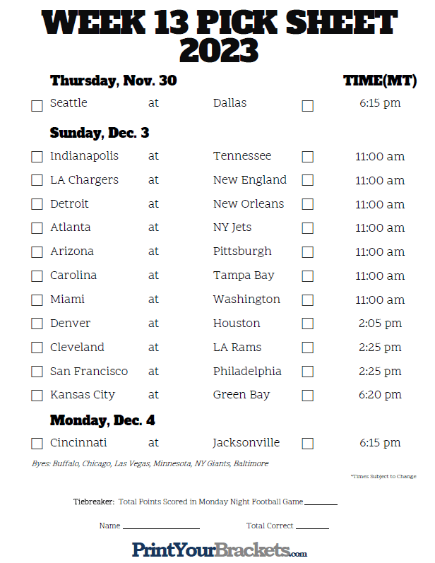 Mountain Time Week 13 NFL Schedule 2024 Printable