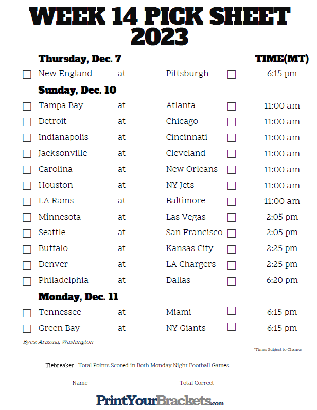 Mountain Time Week 14 NFL Schedule 2022 - Printable