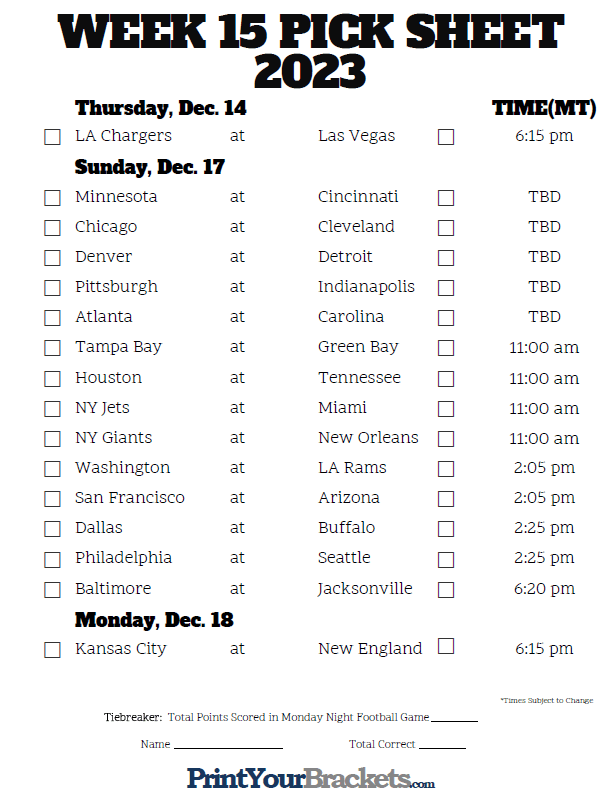 Mountain Time Week 15 NFL Schedule 2023 - Printable