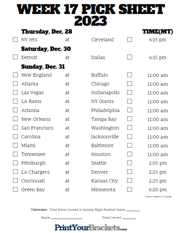 Mountain Time Week 17 NFL Schedule 2024 Printable