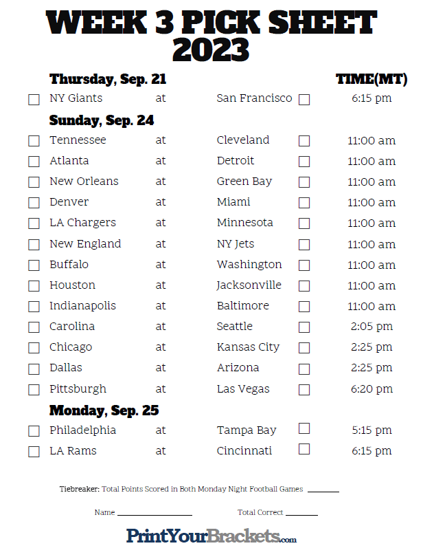Mountain Time Week 3 NFL Schedule 2024 Printable