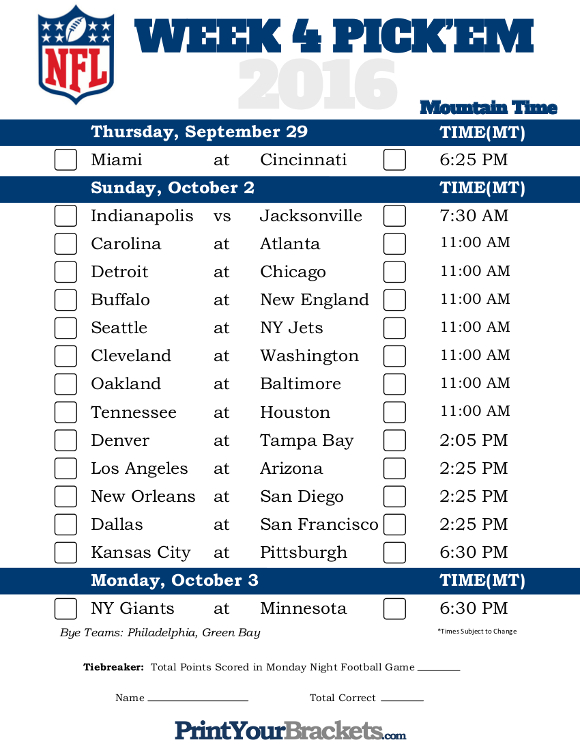 Mountain Time Week 4 NFL Schedule 2016 Printable