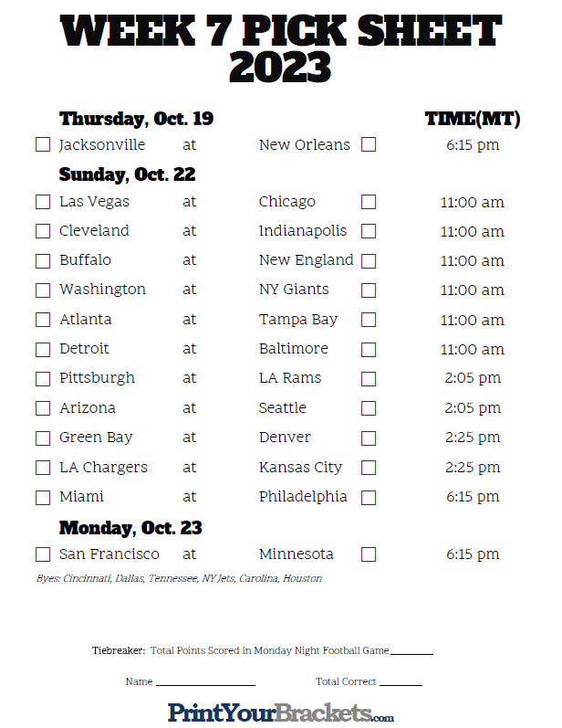 Mountain Time Week 7 NFL Schedule 2017 - Printable