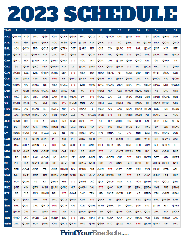 NFL Full Season Schedule Grid 2023 - Printable
