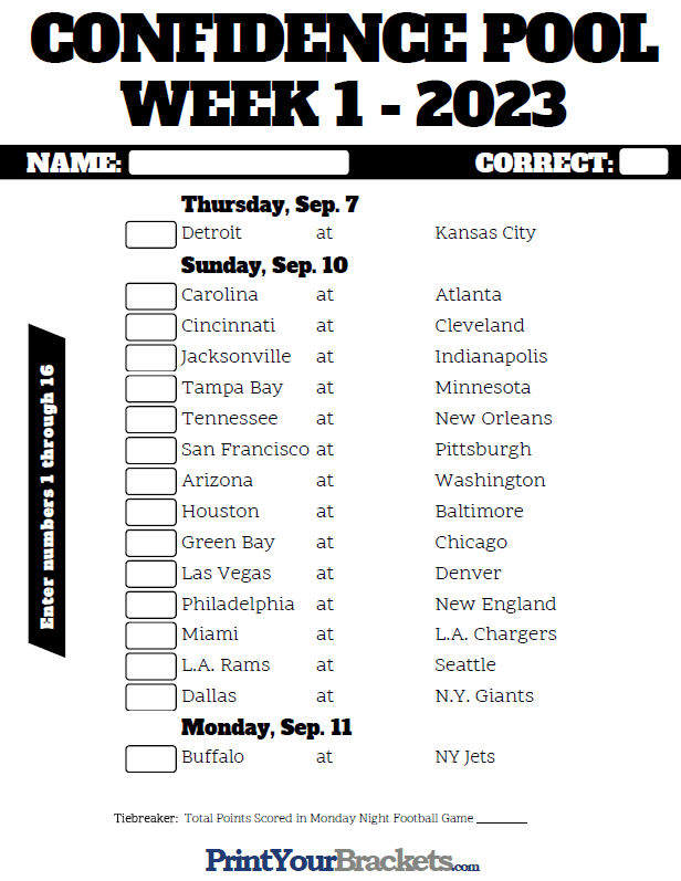 NFL Week 1 Confidence Pool Sheet 2023 - Printable