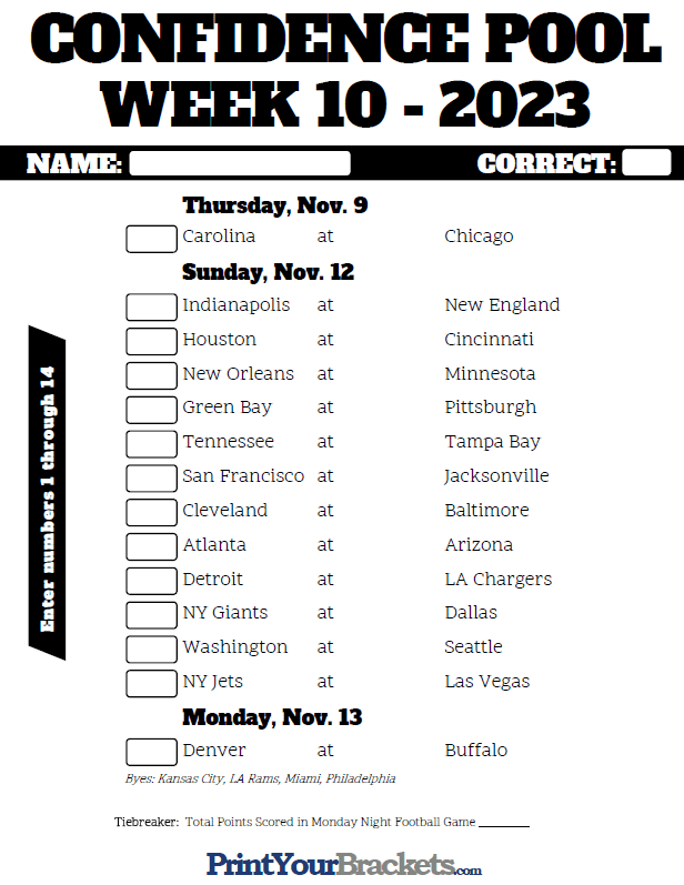 NFL Week 10 Confidence Pool Sheet 2023 - Printable