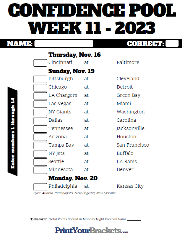 NFL Week 11 Confidence Pool Sheet 2023 - Printable