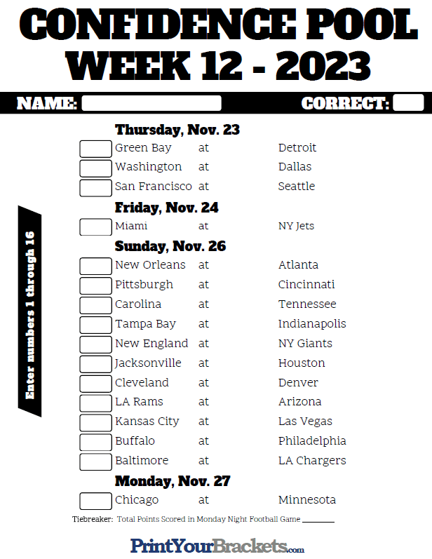 NFL Week 12 Confidence Pool Sheet 2022 Printable