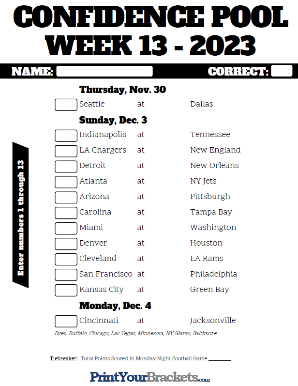 NFL Week 13 Confidence Pool Sheet 2024 Printable