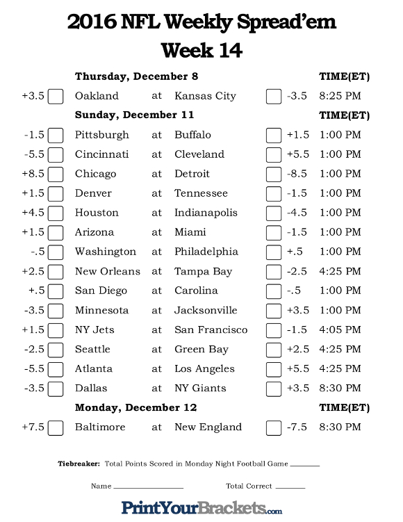 NFL Week 14 Pick 'em Against the Spread Sheets Printable