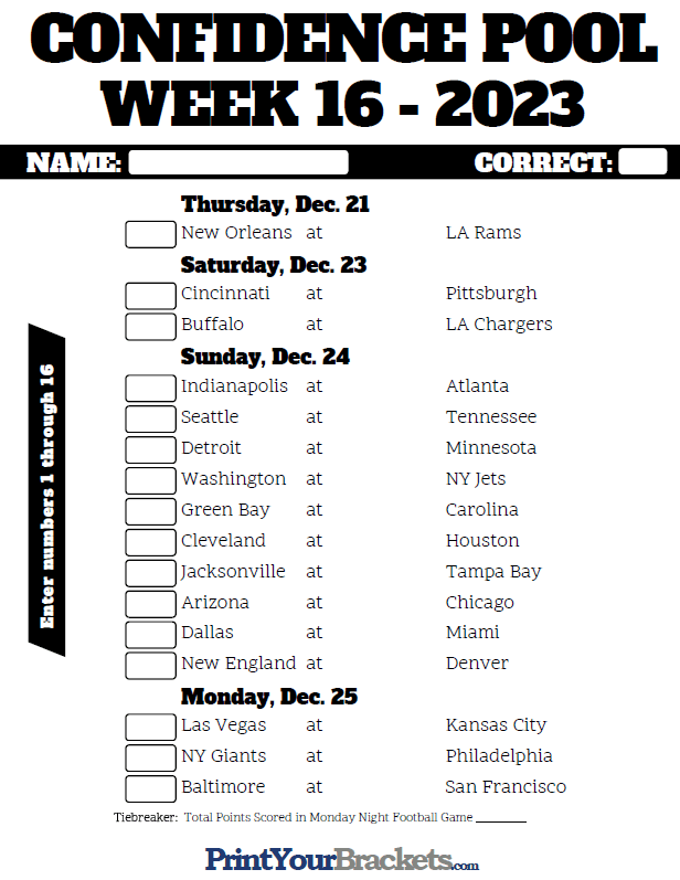 Week 16 Nfl Schedule Printable