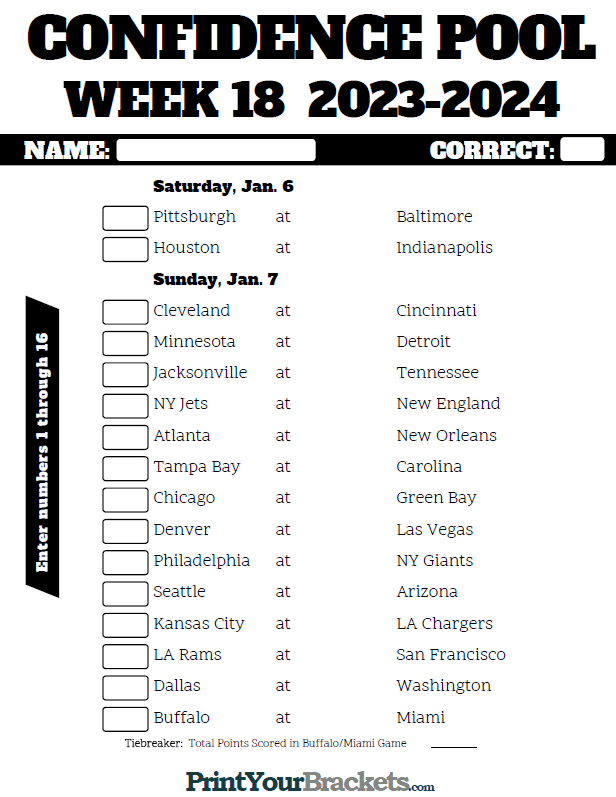 NFL Week 18 Confidence Pool Sheet 2023 - Printable