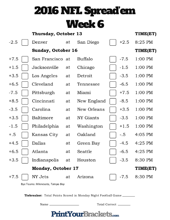 NFL Week 6 Pick 'em Against the Spread Sheets Printable