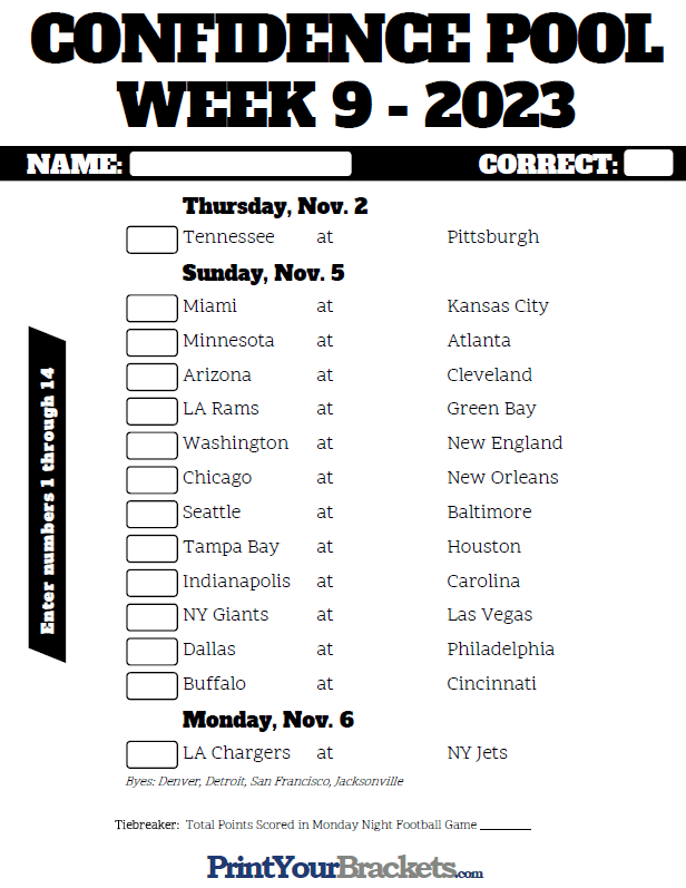 NFL Week 9 Confidence Pool Sheet 2024 Printable
