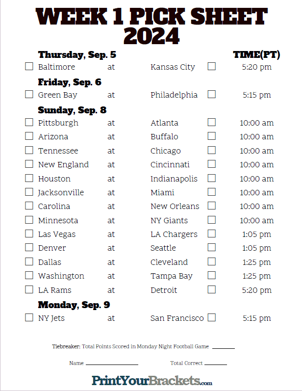 Pacific Time Week 1 NFL Schedule 2023 - Printable