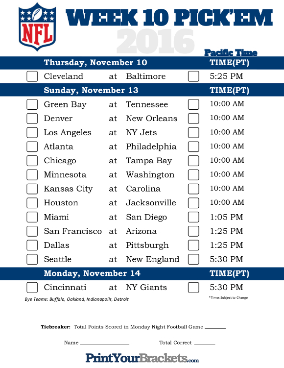 Pacific Time Week 10 NFL Schedule 2016 - Printable