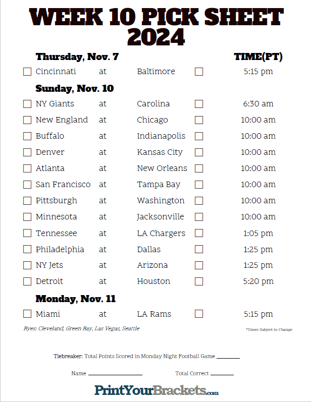 Pacific Time Week 10 NFL Schedule 2024 Printable