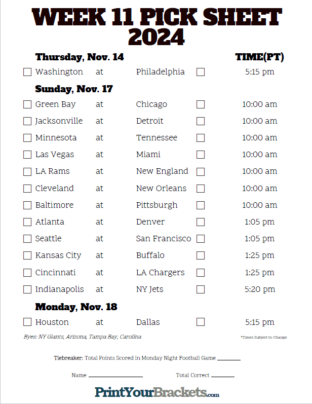 Pacific Time Week 11 NFL Schedule 2024 Printable