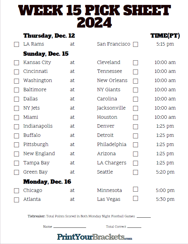 Pacific Time Week 15 NFL Schedule 2023 - Printable