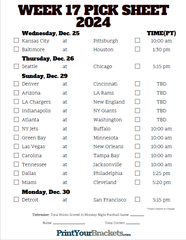 Week 17 NFL Schedule in Pacific Time Zone