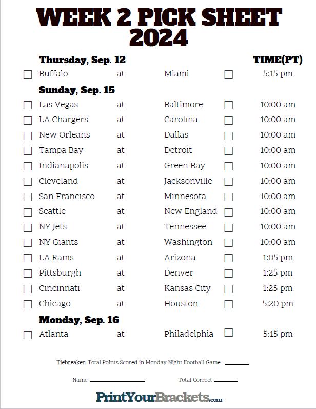 Pacific Time Week 2 NFL Schedule 2023 - Printable