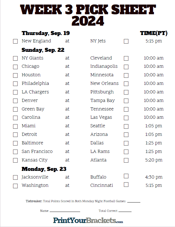 Pacific Time Week 3 NFL Schedule 2024 Printable