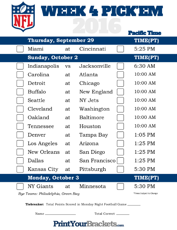 Pacific Time Week 4 NFL Schedule 2016 Printable