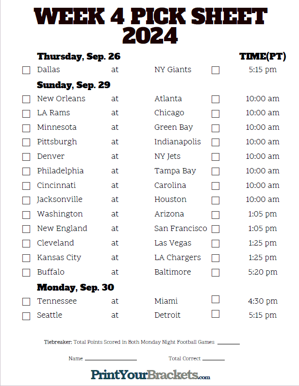 Pacific Time Week 4 NFL Schedule 2024 Printable