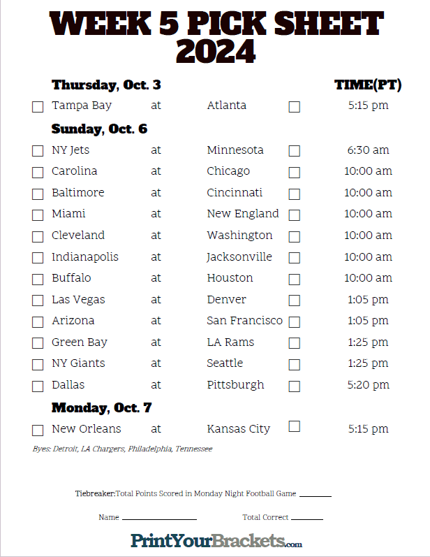 Pacific Time Week 5 NFL Schedule 2023 - Printable