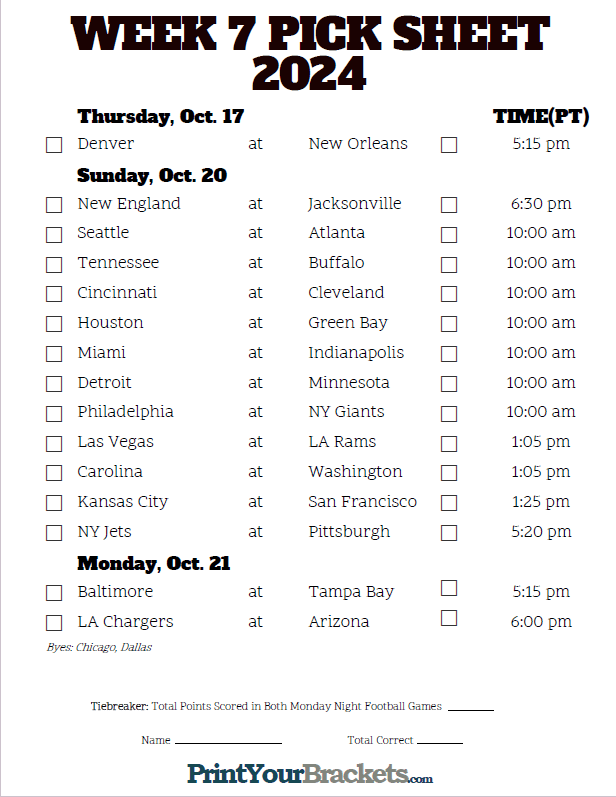 Pacific Time Week 7 NFL Schedule 2023 - Printable