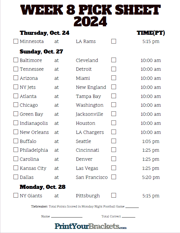 Pacific Time Week 8 NFL Schedule 2023 - Printable