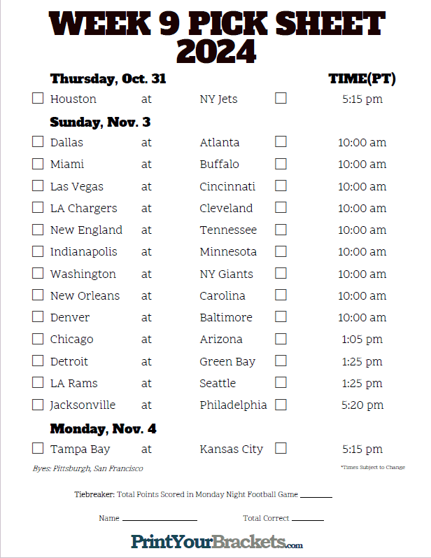 Pacific Time Week 9 NFL Schedule 2023 - Printable