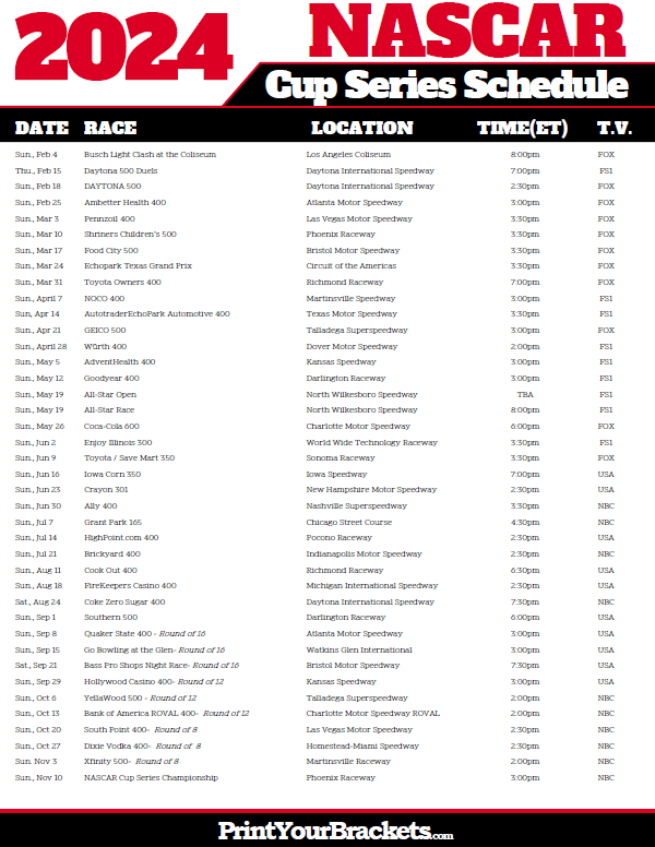 Printable 2024 Nascar Schedule Nascar Cup Series Dates & Times