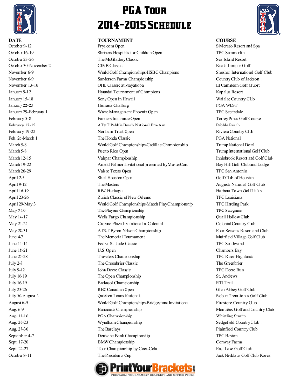 Printable PGA Tour Schedule - PGA Tournament Dates 2014 - 2015