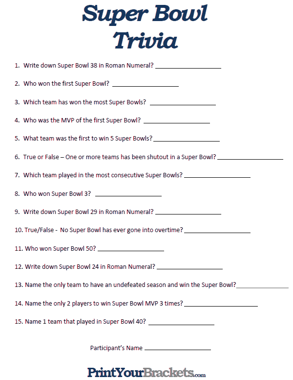 Super Bowl Trivia Questions And Answers Printable 2019 Printable Word