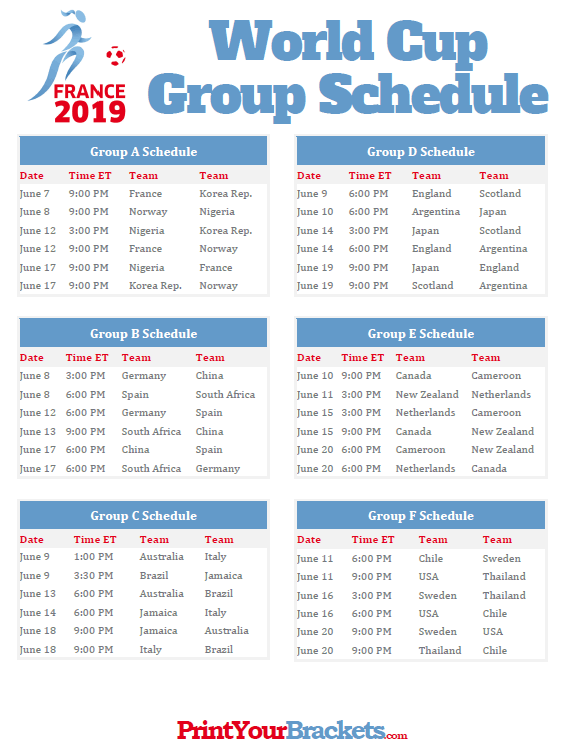 Printable 2019 Women's World Cup Group Schedule